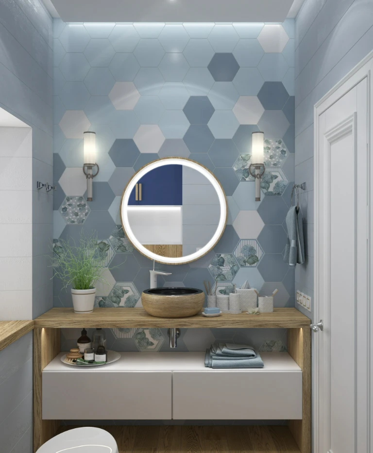 Kolorowe geometryczne płytki w&nbsp;łazience